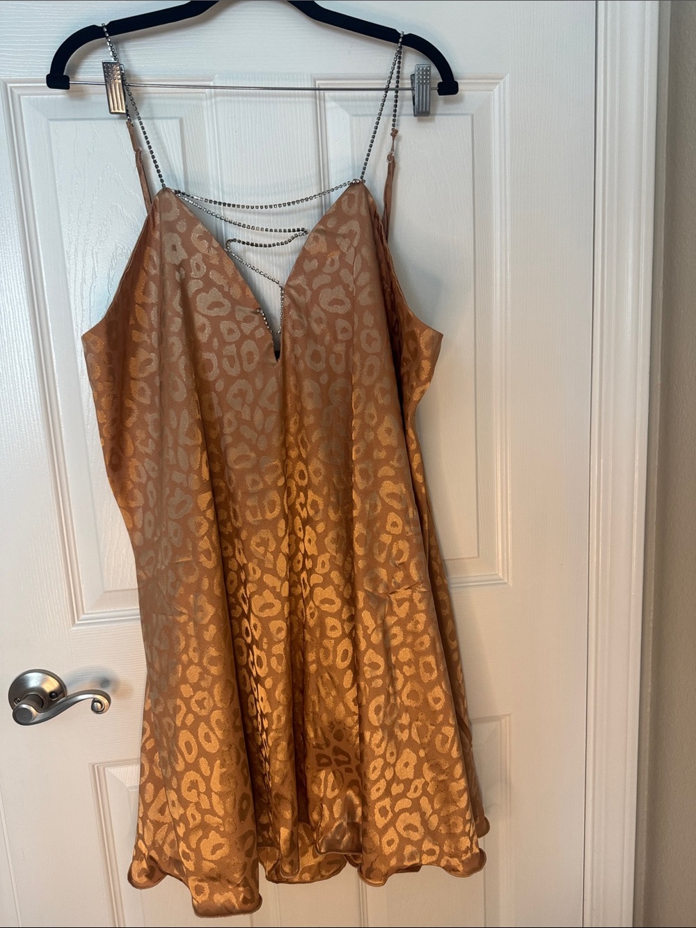 Simplee Apparel Gold Satin Leopard-Print Slip Dress